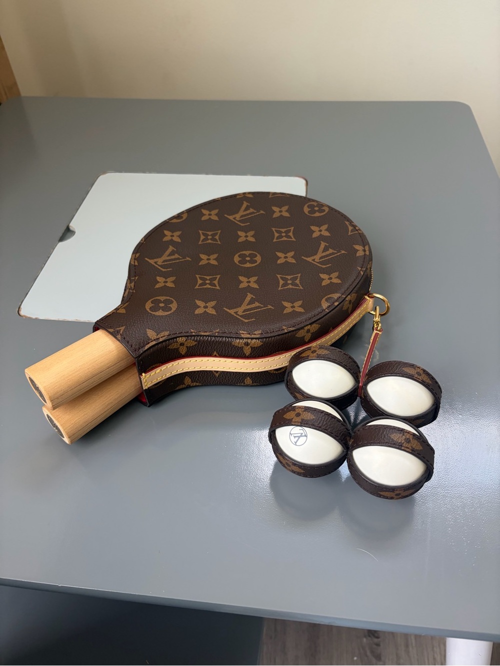 Louis Vuitton Brown Monogram Paddles and Case with Matching Balls